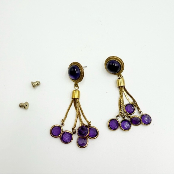 Vintage Gold Tone Purple Crystal Drop Dangle Earrings - Picture 4 of 5